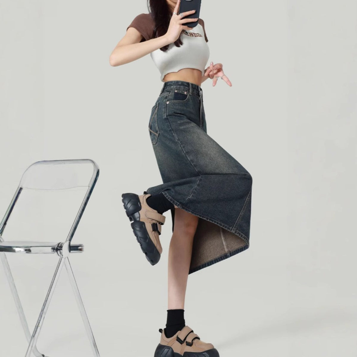 Denim Back-Slit Straight Midi Skirt