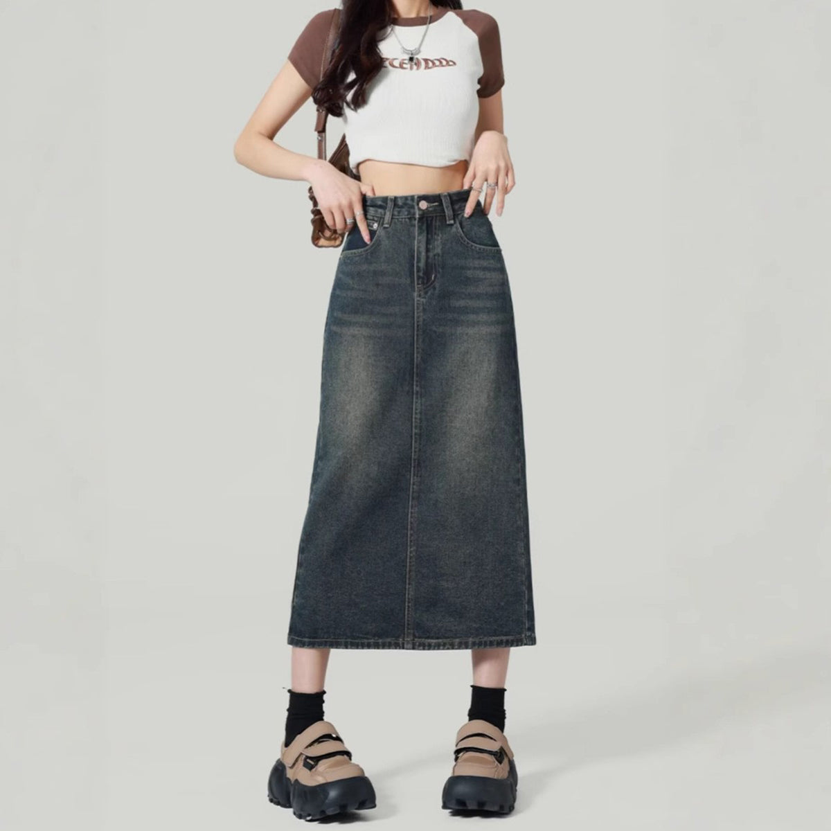 Denim Back-Slit Straight Midi Skirt