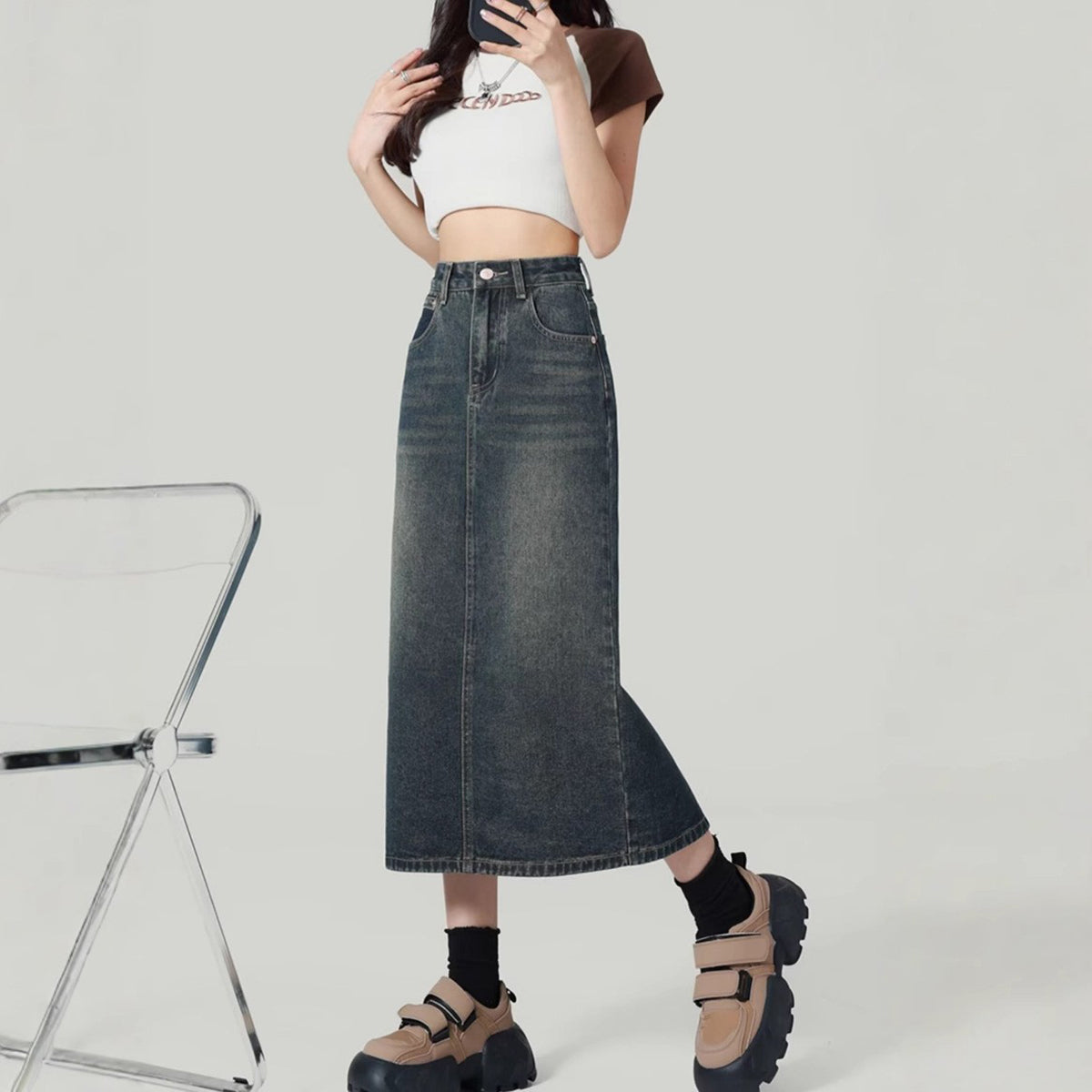 Denim Back-Slit Straight Midi Skirt