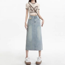 Denim Back-Slit Straight Midi Skirt
