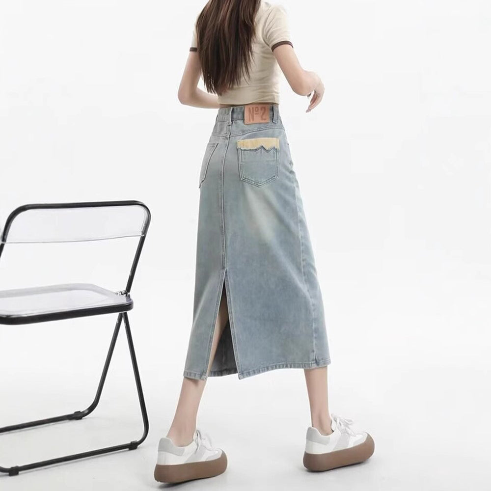 Denim Back-Slit Straight Midi Skirt