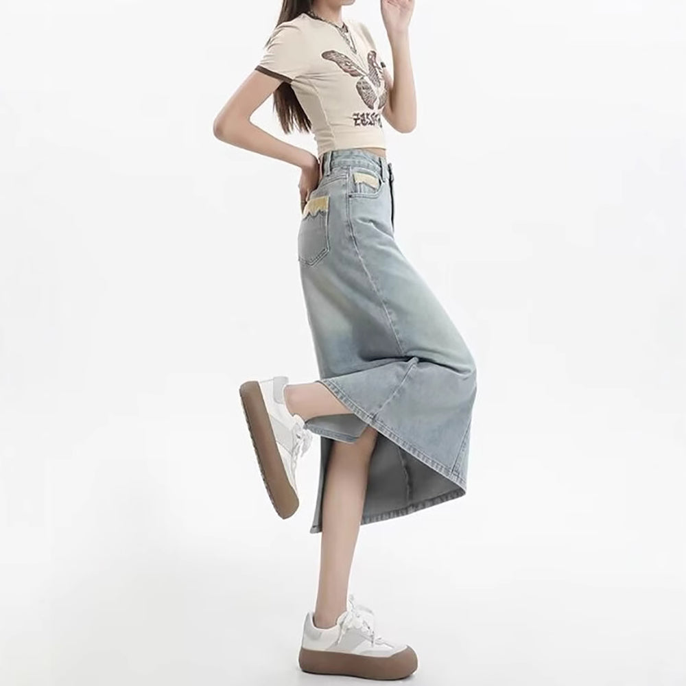 Denim Back-Slit Straight Midi Skirt