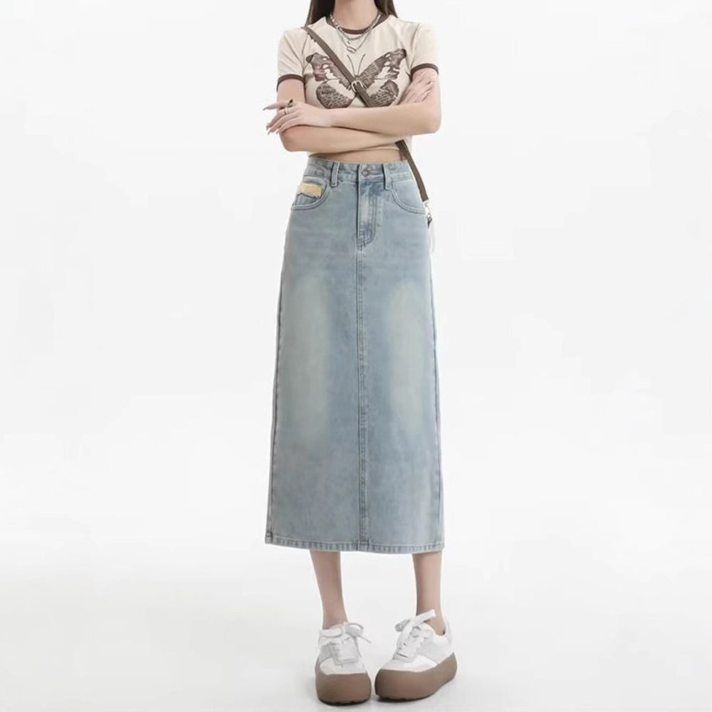 Denim Back-Slit Straight Midi Skirt