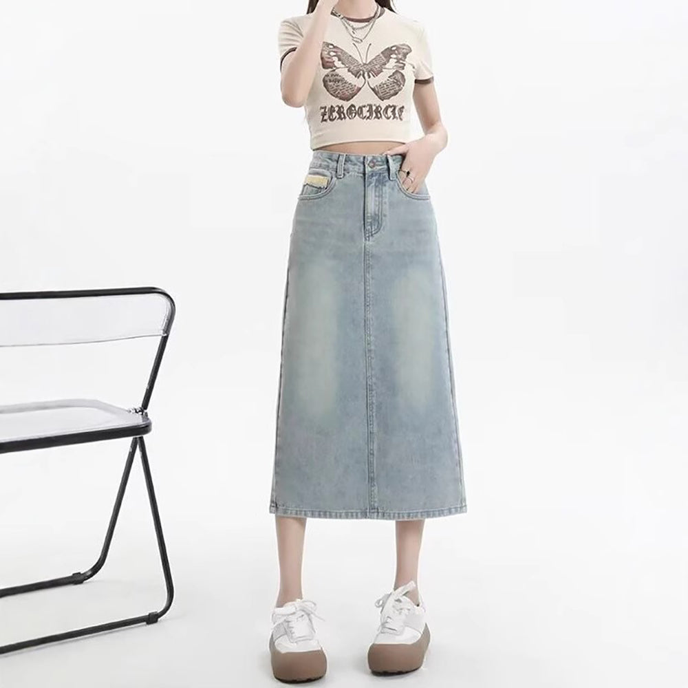 Denim Back-Slit Straight Midi Skirt