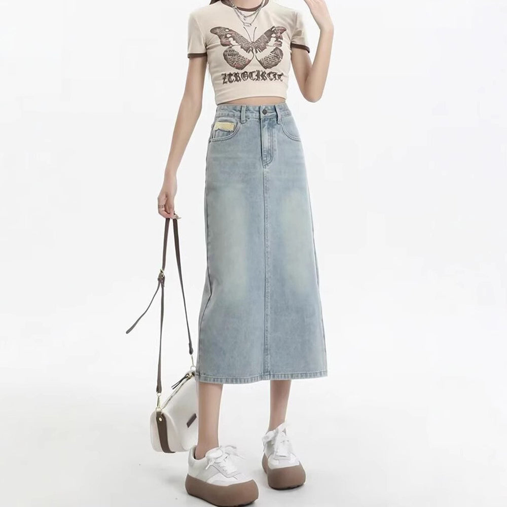 Denim Back-Slit Straight Midi Skirt