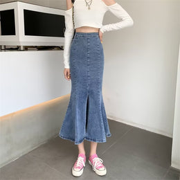 Denim Front-Slit Trumpet Midi Skirt