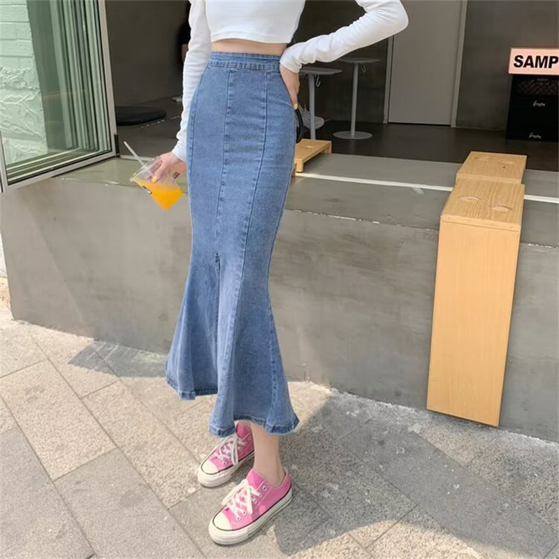 Denim Front-Slit Trumpet Midi Skirt