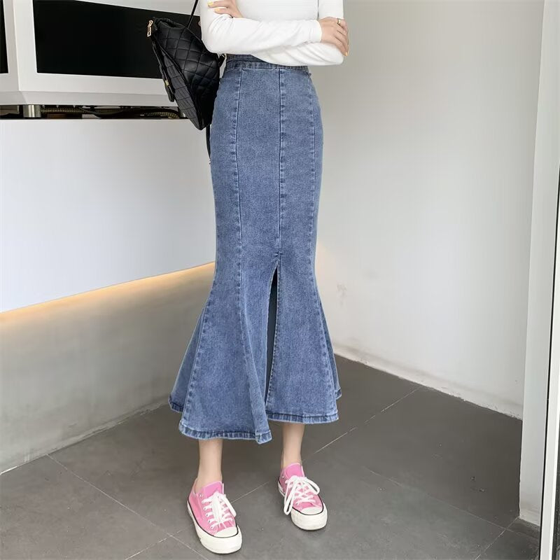 Denim Front-Slit Trumpet Midi Skirt