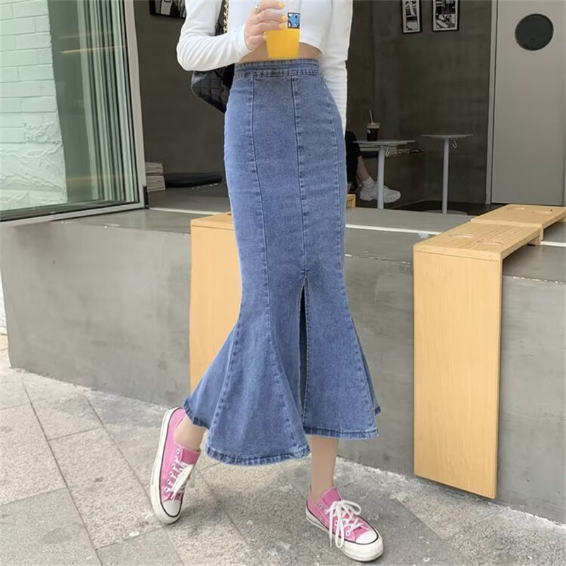 Denim Front-Slit Trumpet Midi Skirt