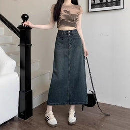 Denim High-Waist Straight Midi Skirt