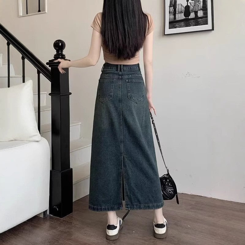 Denim High-Waist Straight Midi Skirt