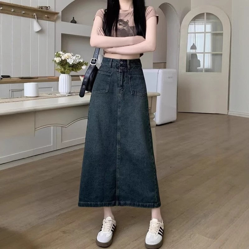 Denim High-Waist Straight Midi Skirt