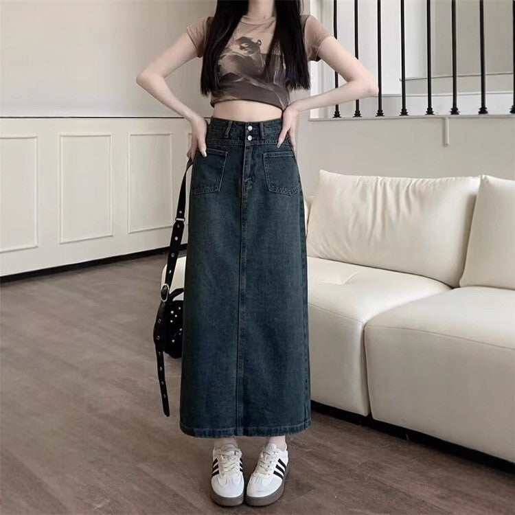 Denim High-Waist Straight Midi Skirt