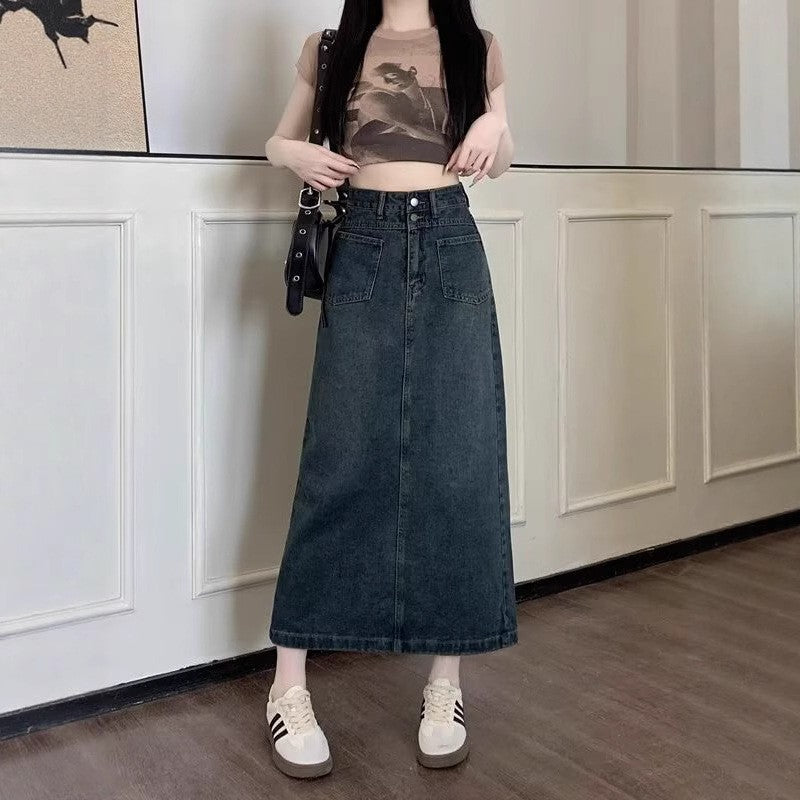 Denim High-Waist Straight Midi Skirt