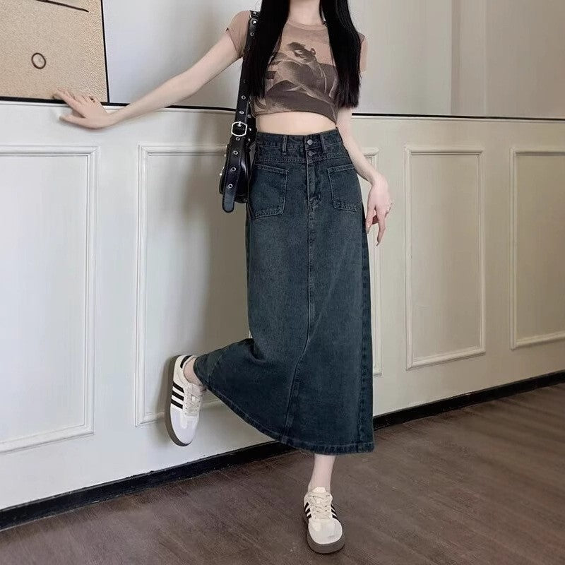 Denim High-Waist Straight Midi Skirt
