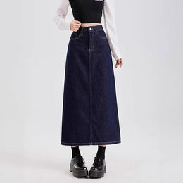 Denim Back-Slit Straight Midi Skirt