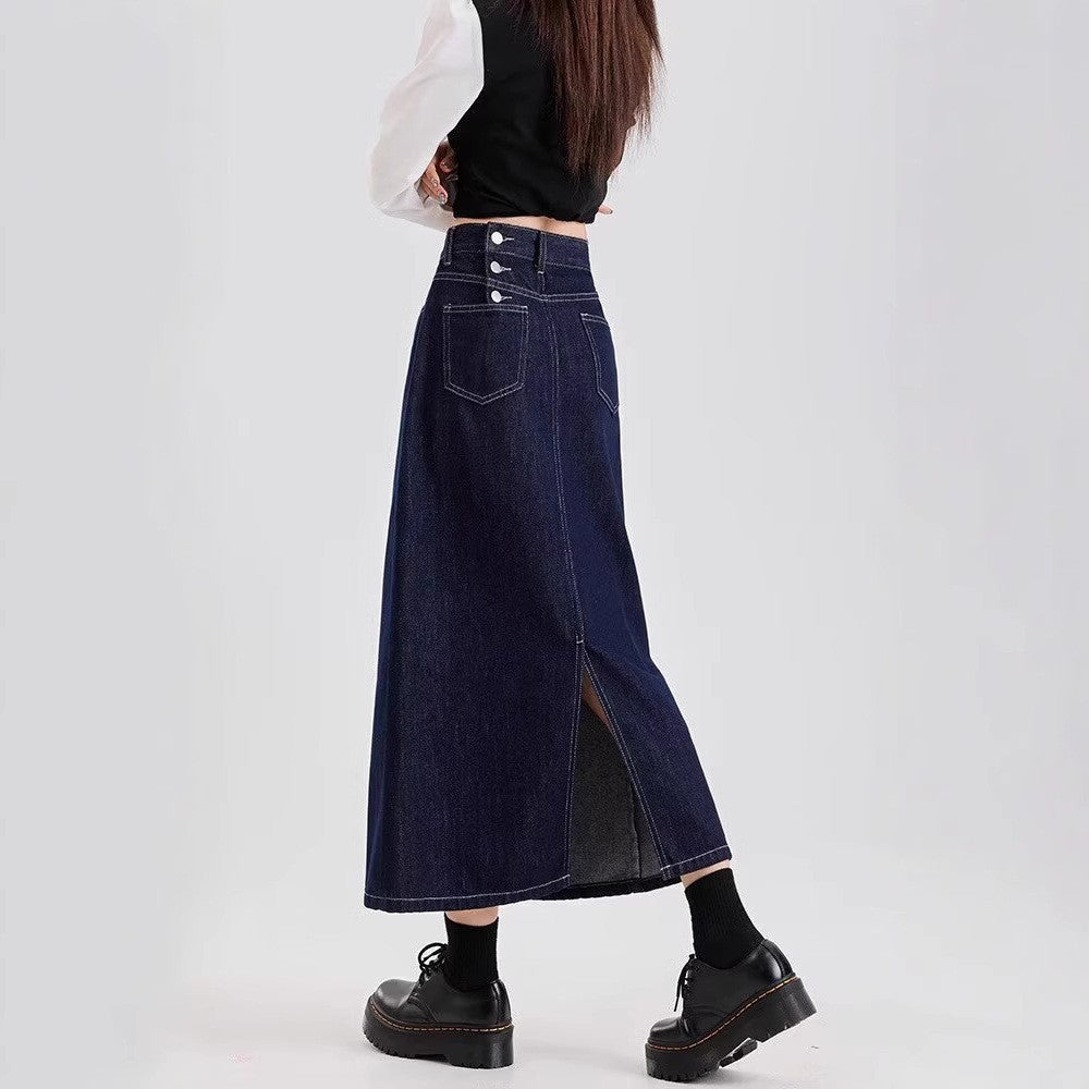 Denim Back-Slit Straight Midi Skirt