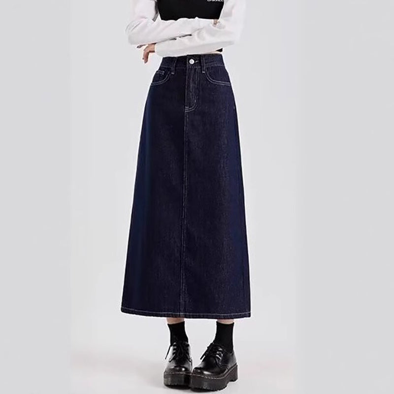 Denim Back-Slit Straight Midi Skirt