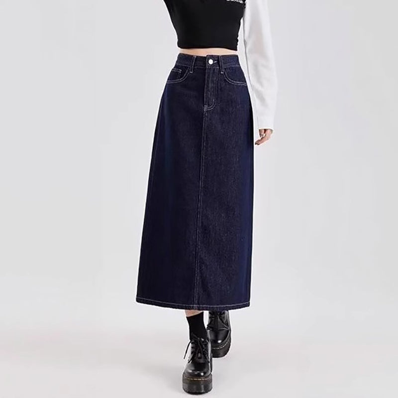 Denim Back-Slit Straight Midi Skirt