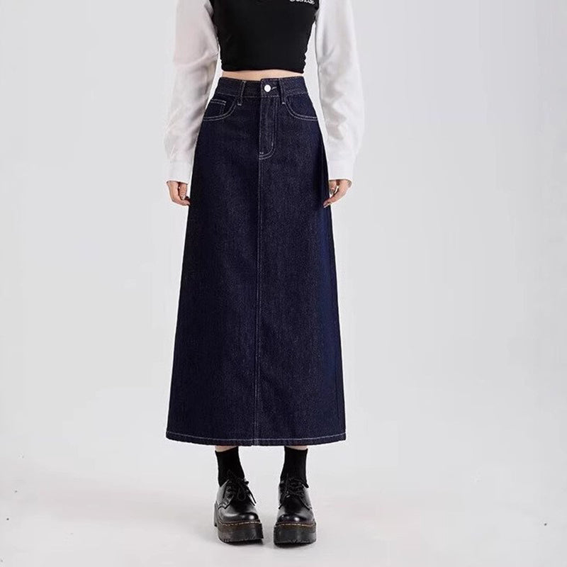 Denim Back-Slit Straight Midi Skirt