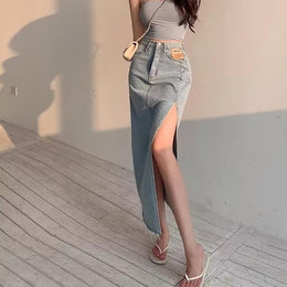 Side Solid Straight Slit Midi Skirt