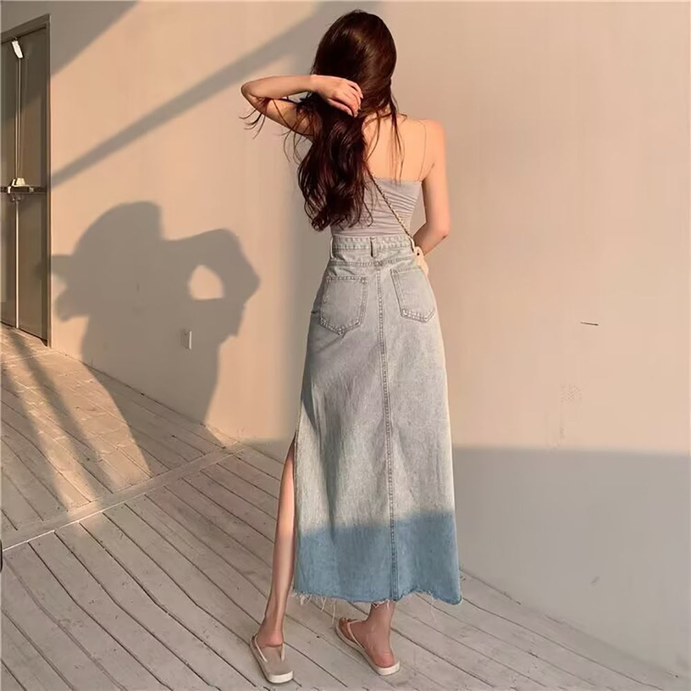 Side Solid Straight Slit Midi Skirt
