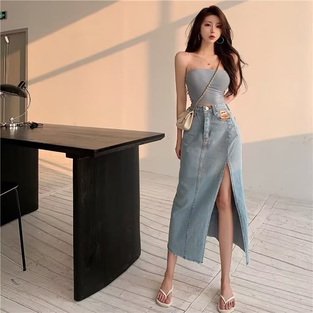 Side Solid Straight Slit Midi Skirt