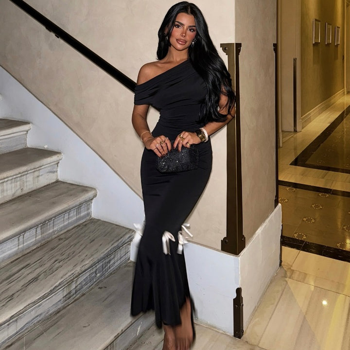 Women Off-Shoulder Bow Details Maxi Dress