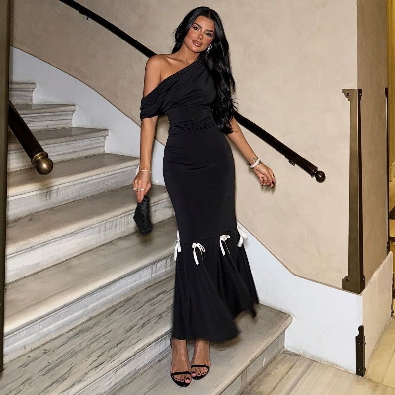 Women Off-Shoulder Bow Details Maxi Dress