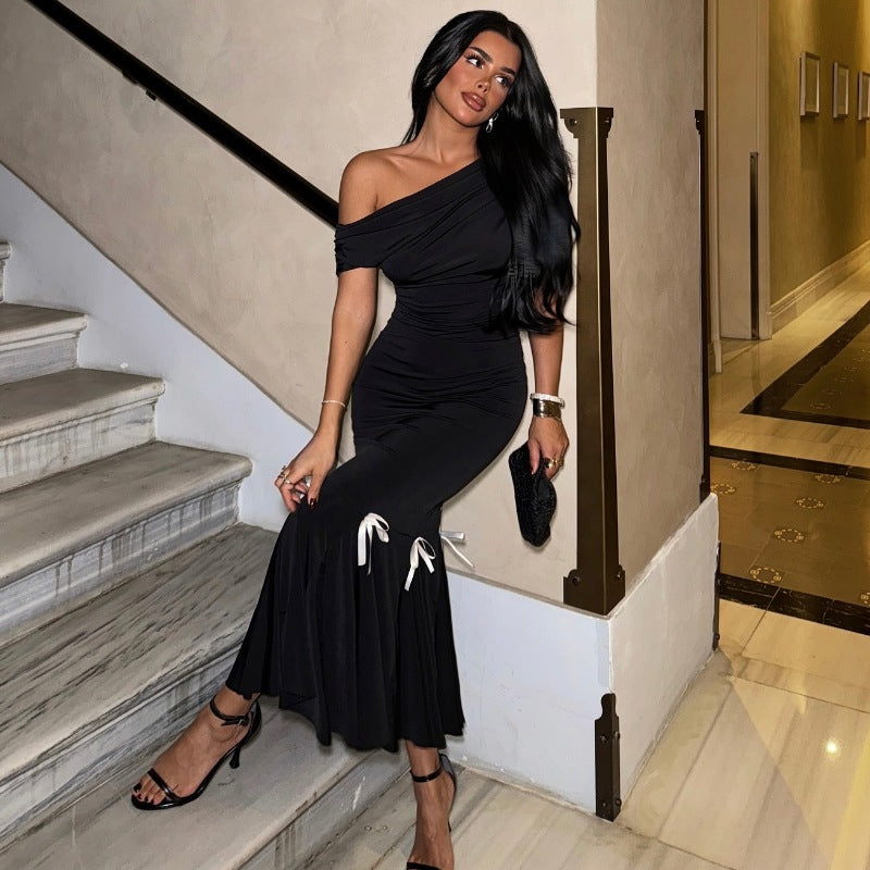Women Off-Shoulder Bow Details Maxi Dress
