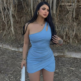 Women One Shoulder Satin Bodycon Mini Dress