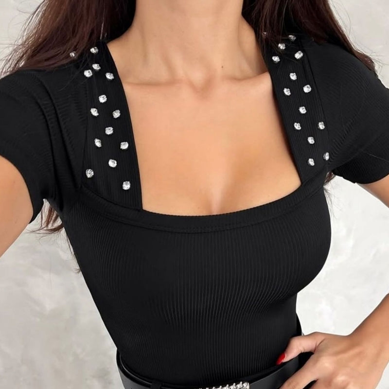 Women Ribbed Fitted Black Top