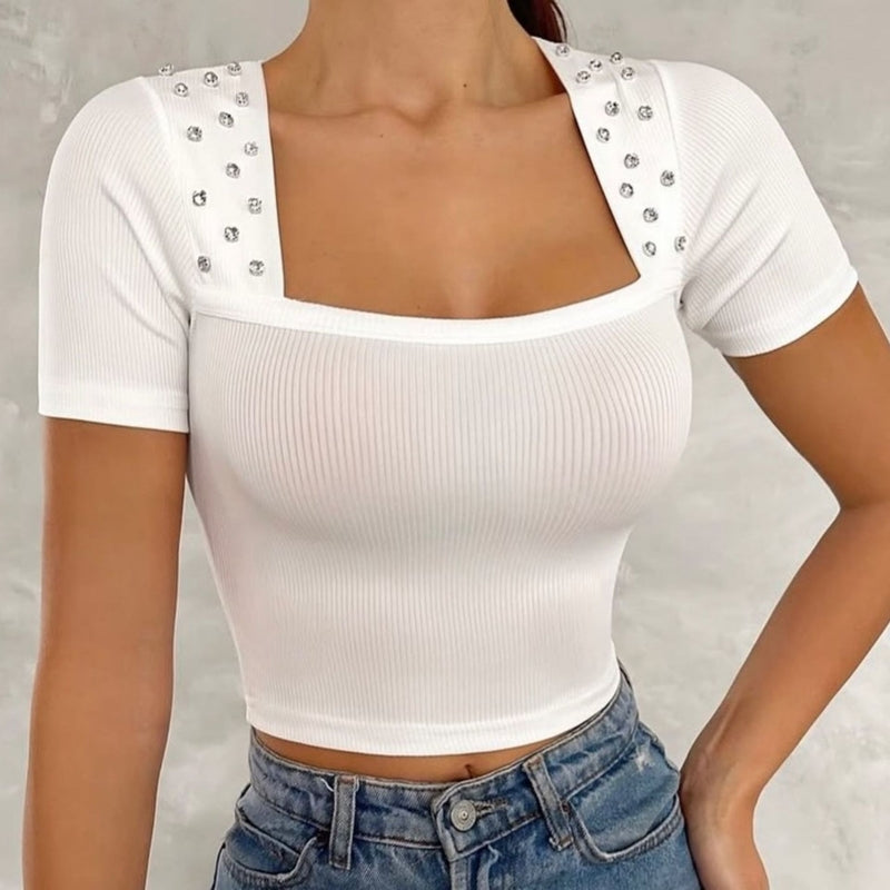 Women Square Neck Studded Crop Top