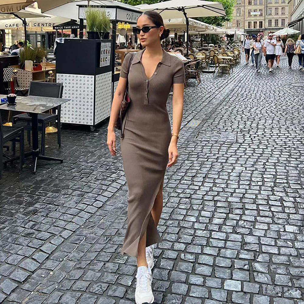 Shirt Collar Bodycon Maxi Dress
