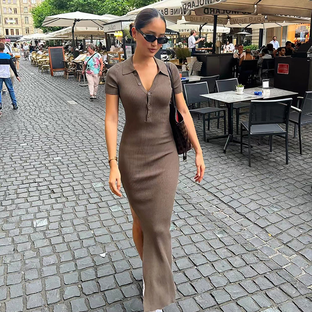 Shirt Collar Bodycon Maxi Dress