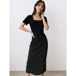 Square Neck Short Sleeves Sheath Midi Dress