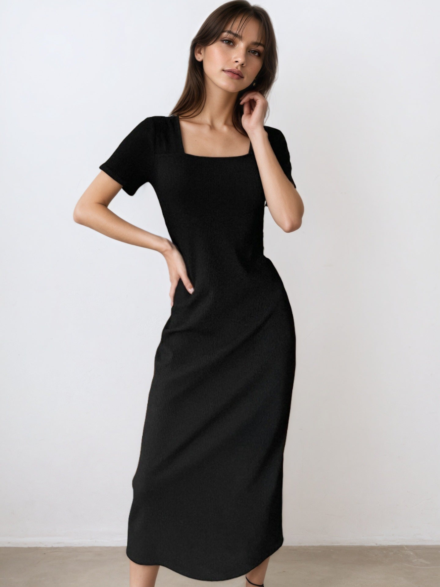 Square Neck Short Sleeves Sheath Midi Dress