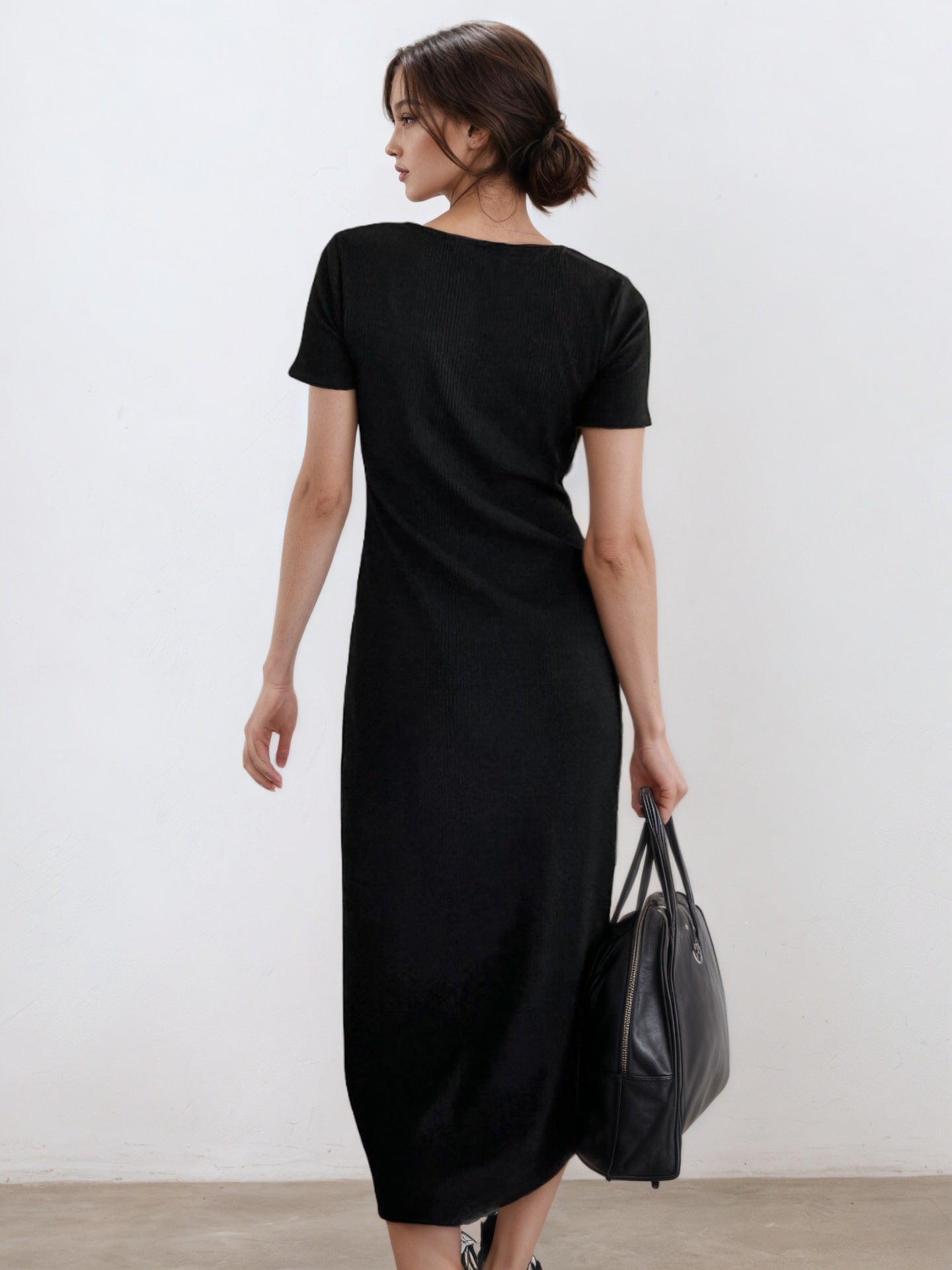 Square Neck Short Sleeves Sheath Midi Dress