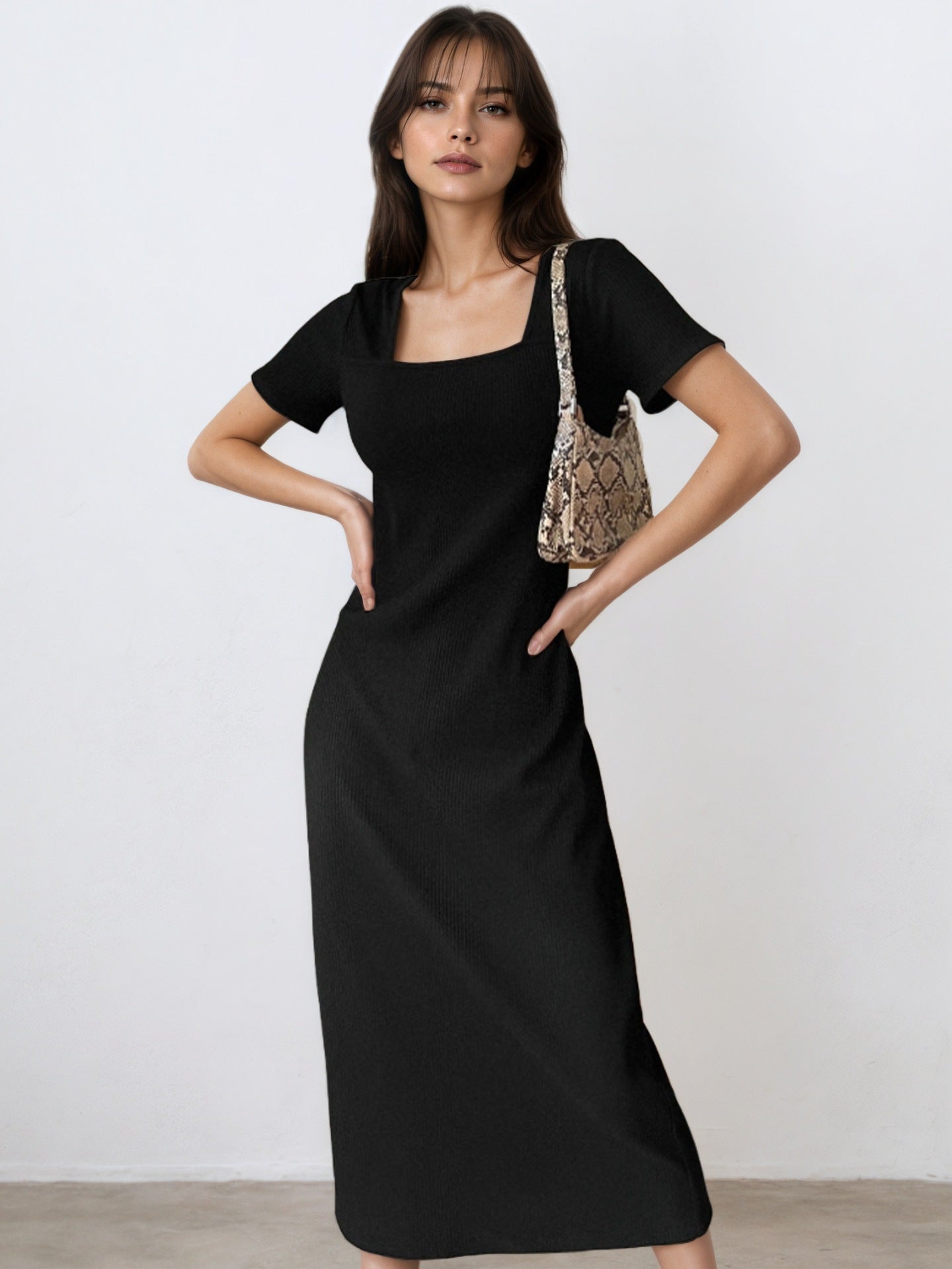 Square Neck Short Sleeves Sheath Midi Dress