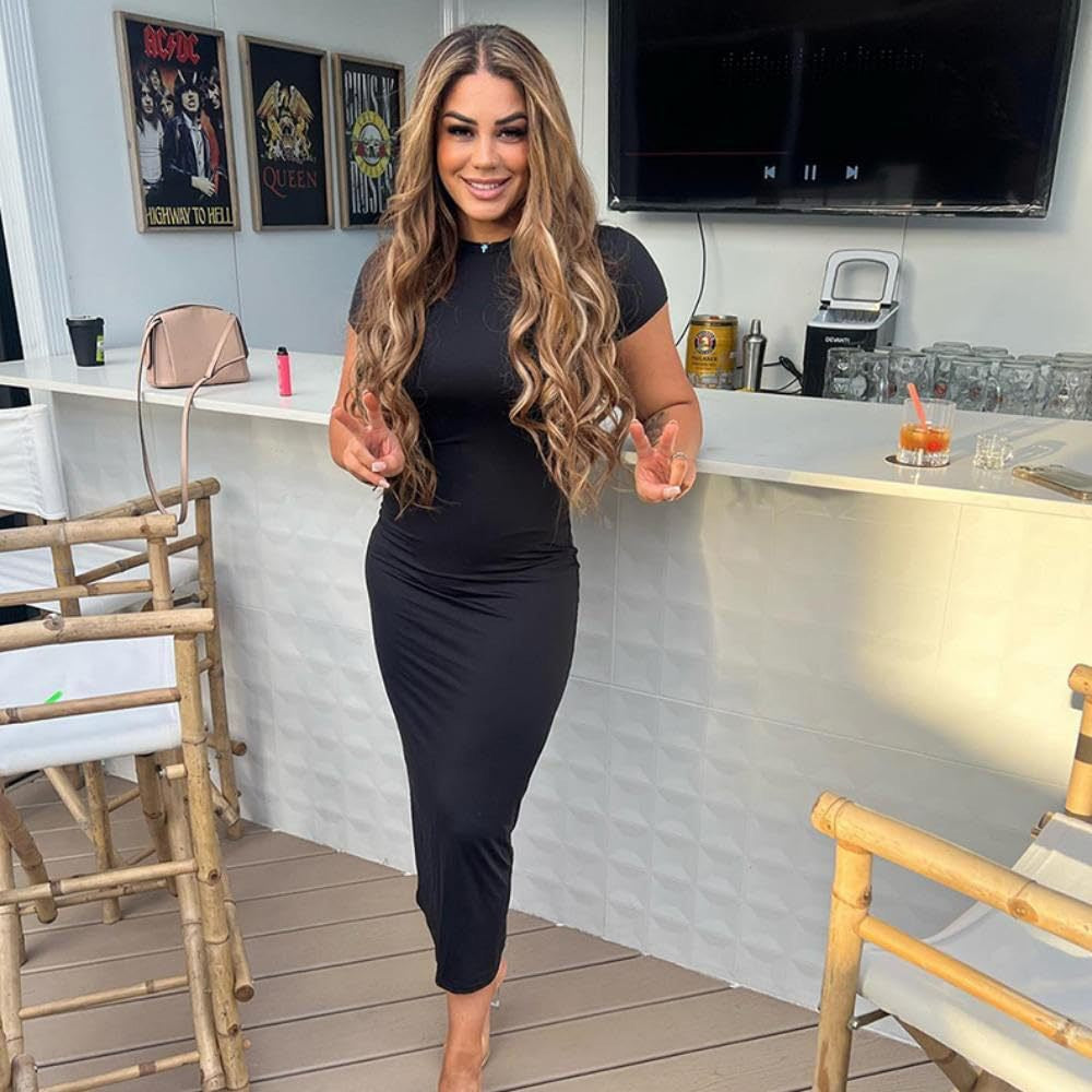 Round Neck Short Sleeves Bodycon Maxi Dress