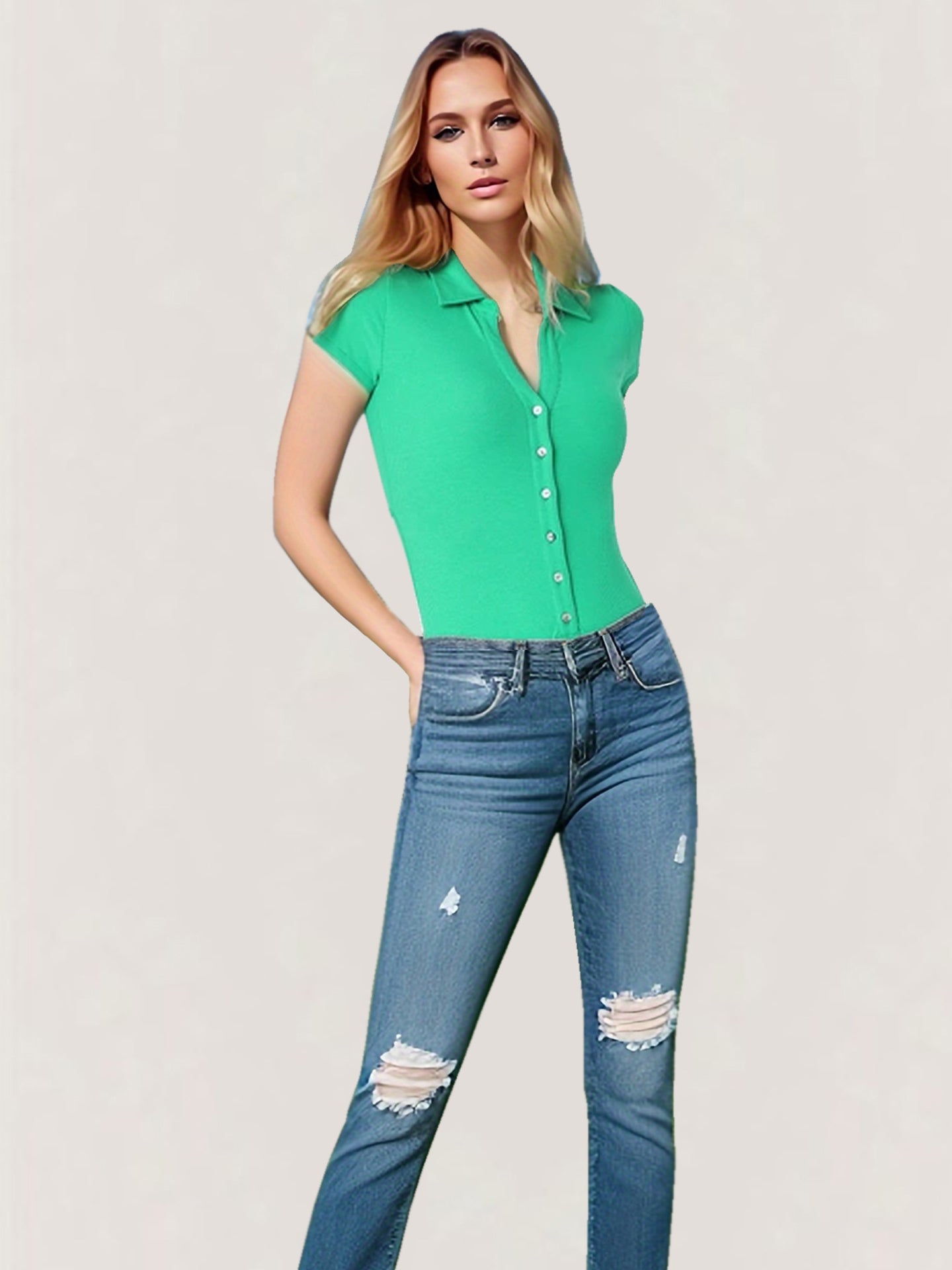 Solid Shirt Collar Short Sleeves Bodysuit