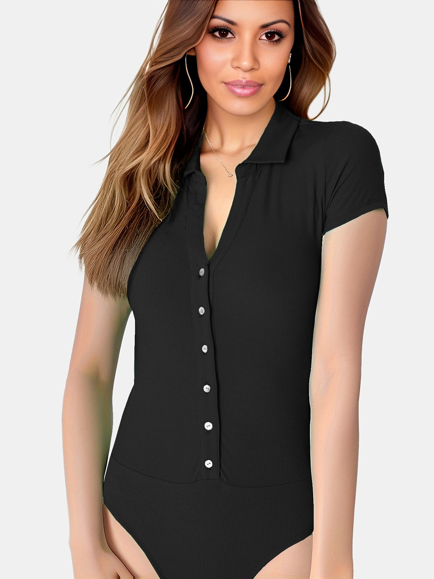 Women Black Solid Shirt Collar Bodysuit