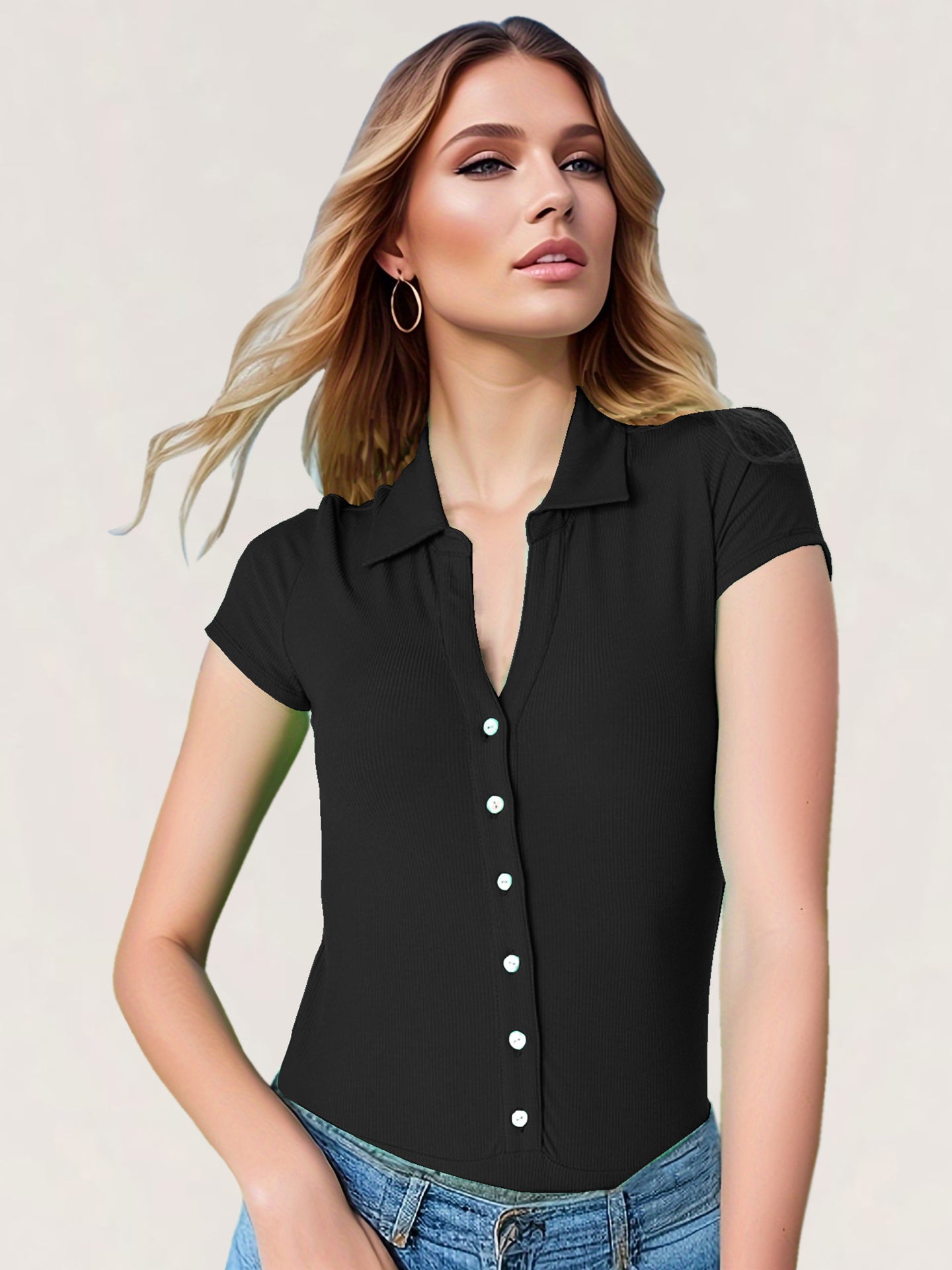 Women Black Solid Shirt Collar Bodysuit
