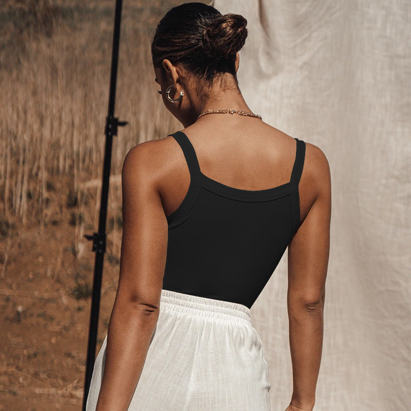 Women Solid Shoulder Straps Cotton Top