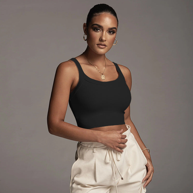 Women Solid Shoulder Straps Cotton Top