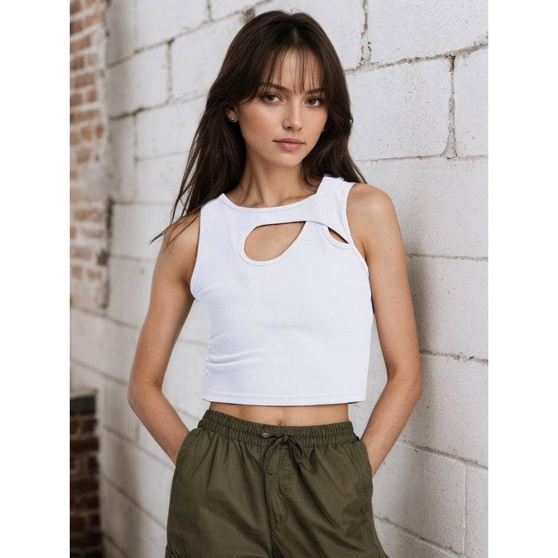 Women Ribbed Cotton Crop Top with Cut Out