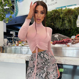 Women Waist Tie-Ups Ruched Fitted Crop Top