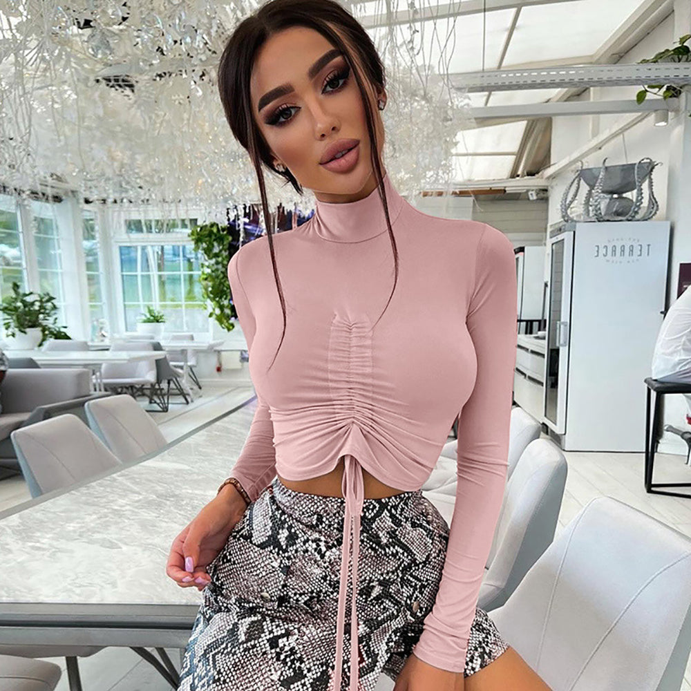 Women Waist Tie-Ups Ruched Fitted Crop Top
