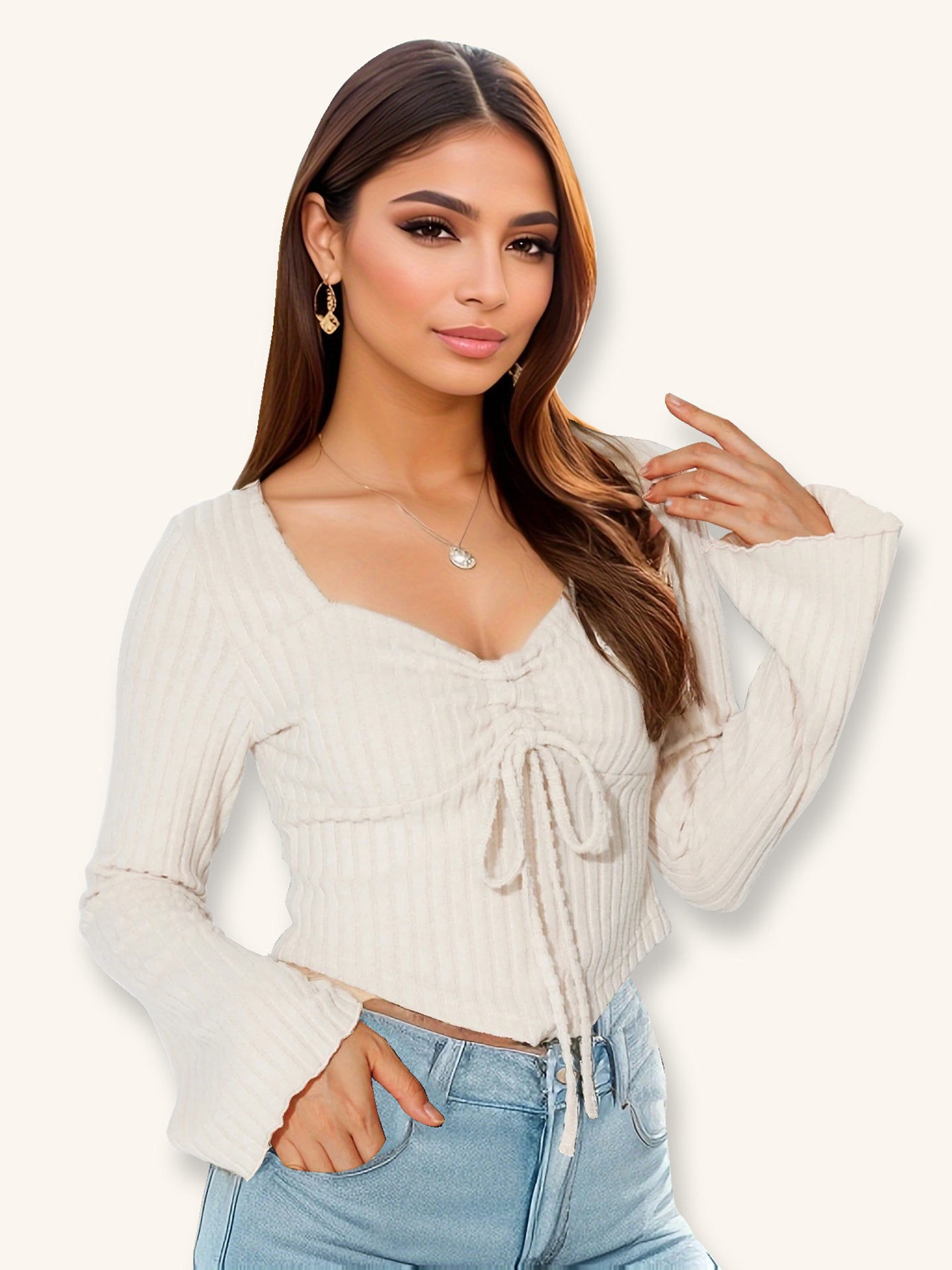 Women Sweetheart Neck Long Sleeves Crop Top