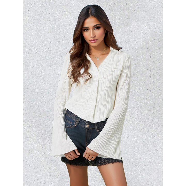 Solid V-Neck Flared Sleeves Regular Top